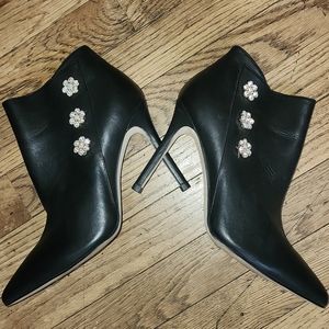 Black Faux Leather Rhinestone Flower Pointed Toe 4" Stiletto Booties
